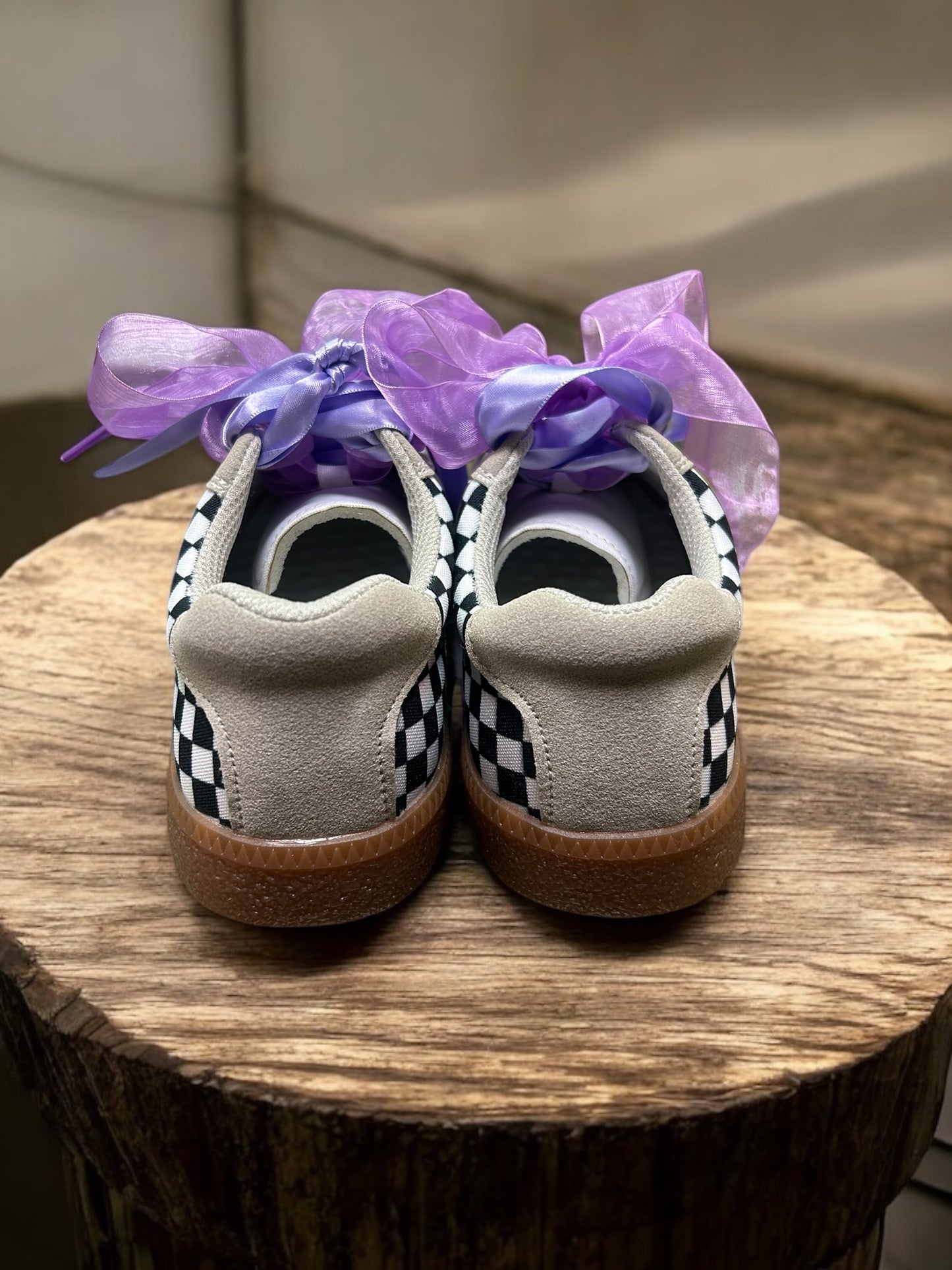 Custom Checkered Shoe w Purple Ribbon and Charms