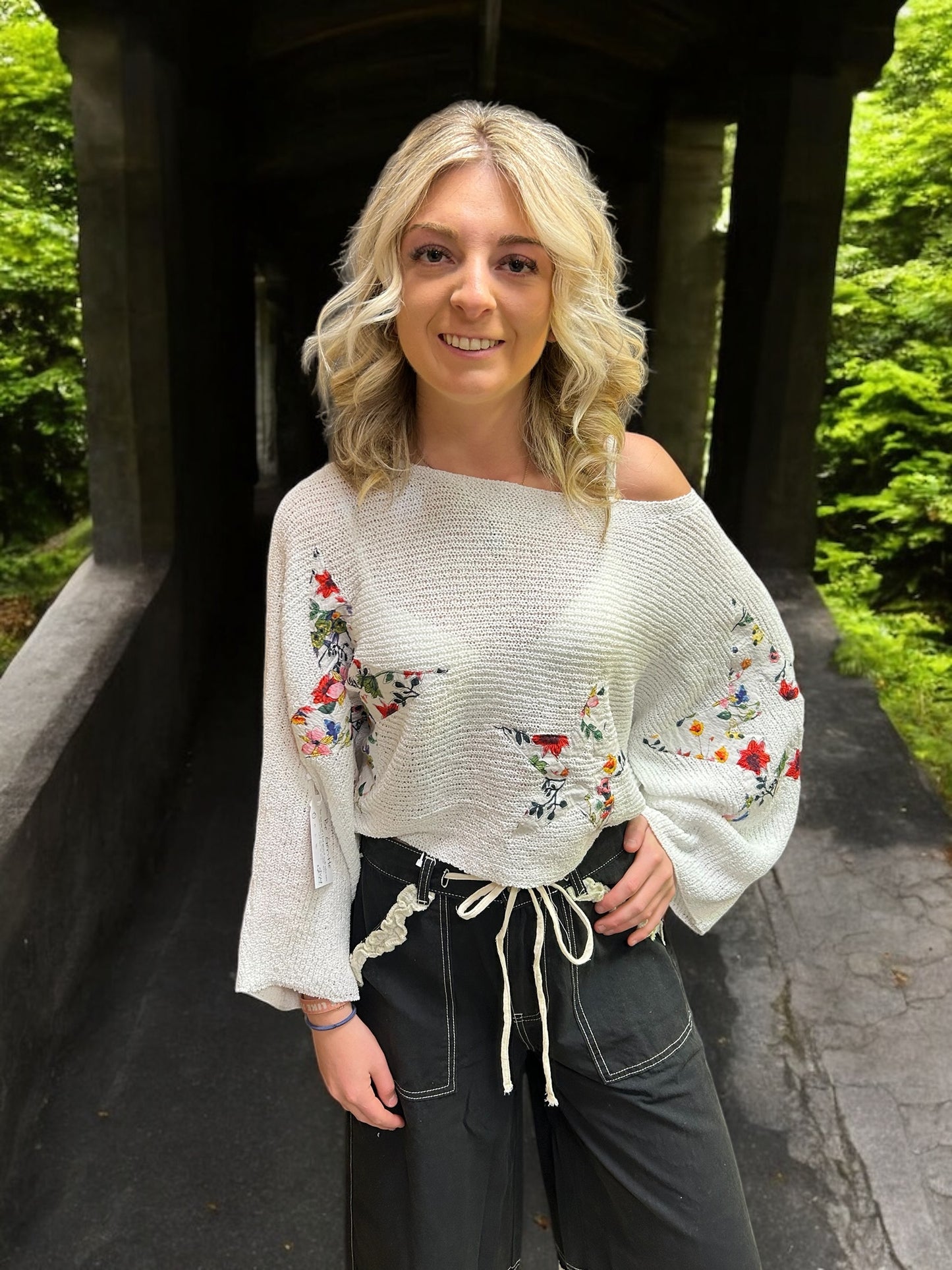 Boat Neck Long Sleeve Cropped Top w Star Patches