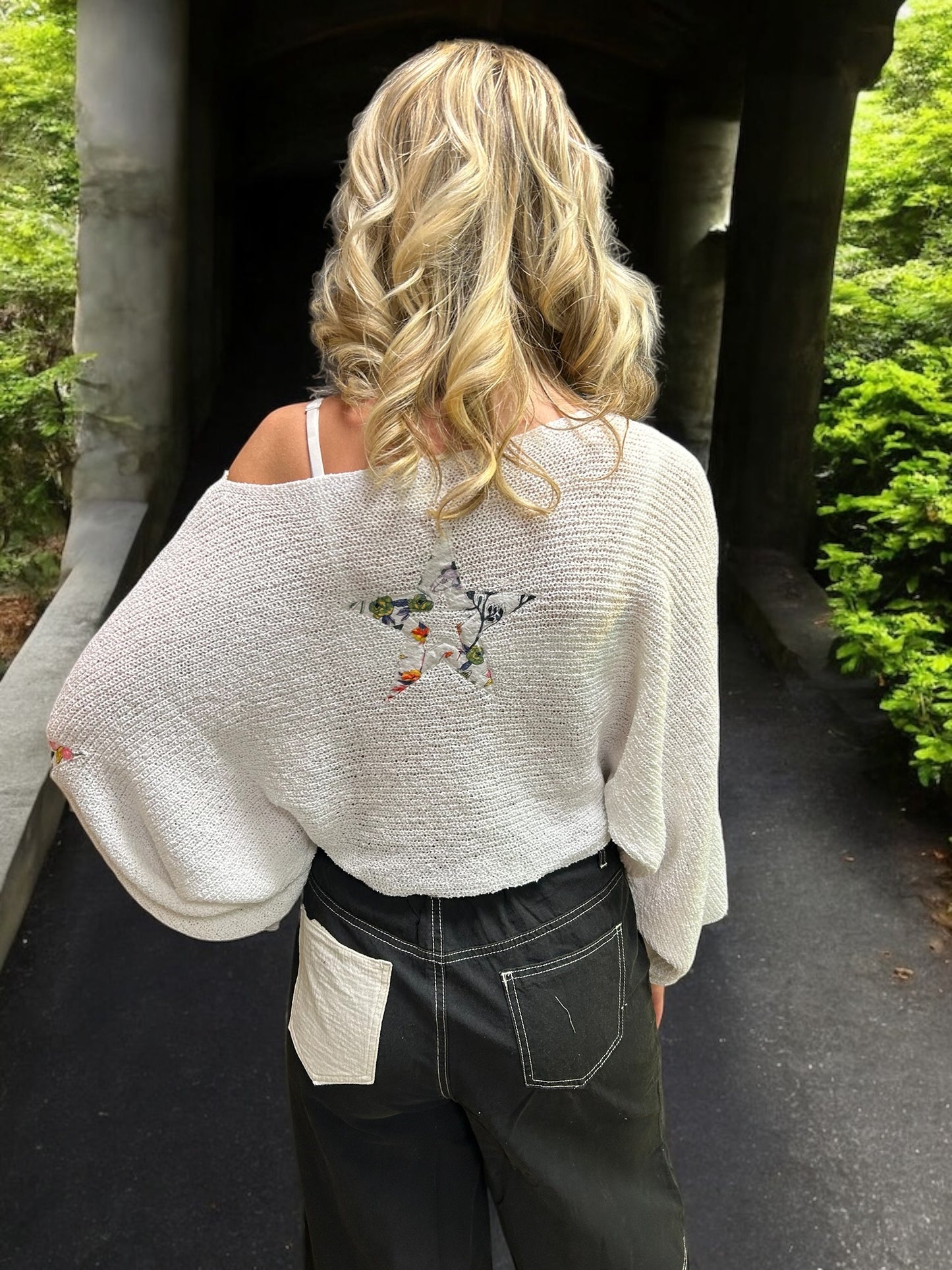 Boat Neck Long Sleeve Cropped Top w Star Patches