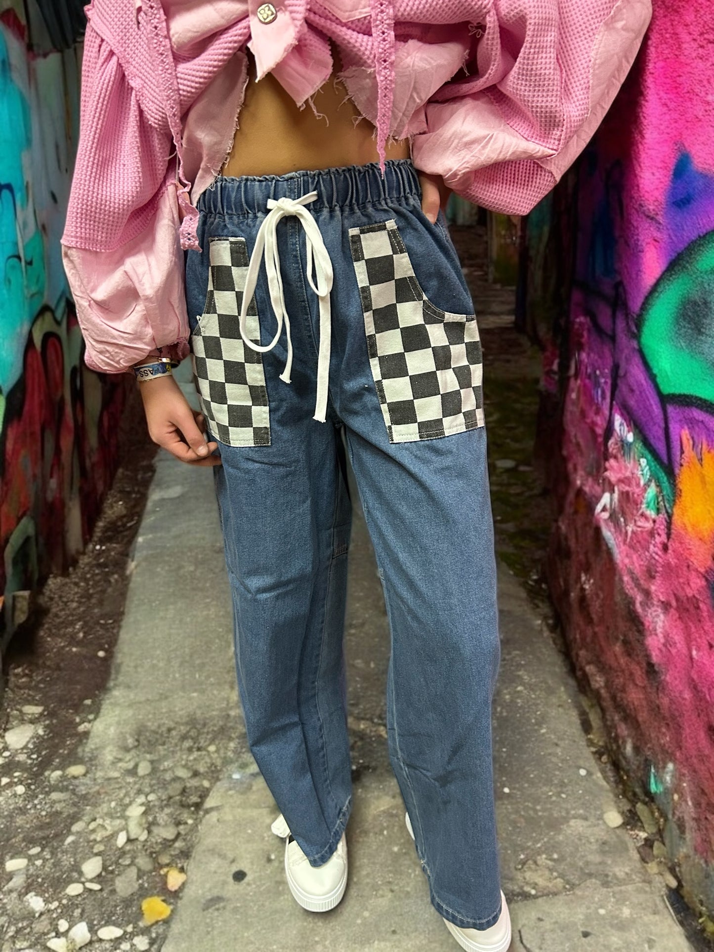 Denim Jeans w Checkered Pockets