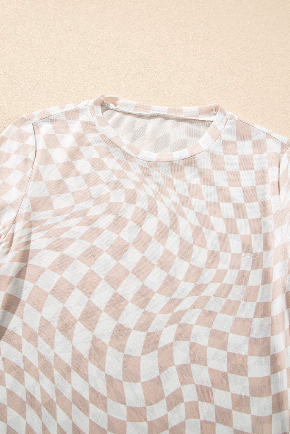 Rose Checkered Pattern Mesh Mock Neck Long Sleeve Top