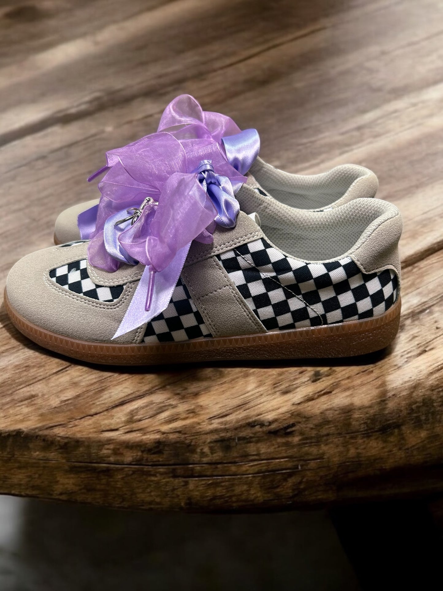 Custom Checkered Shoe w Purple Ribbon and Charms