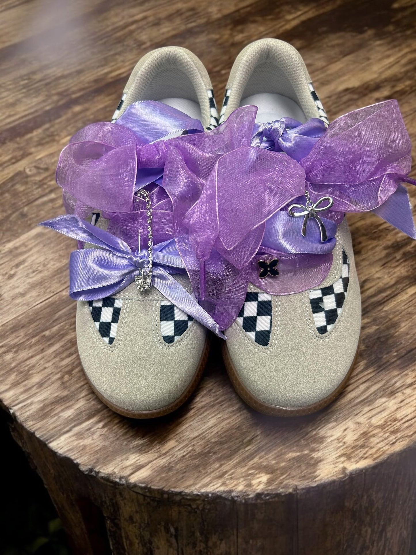 Custom Checkered Shoe w Purple Ribbon and Charms