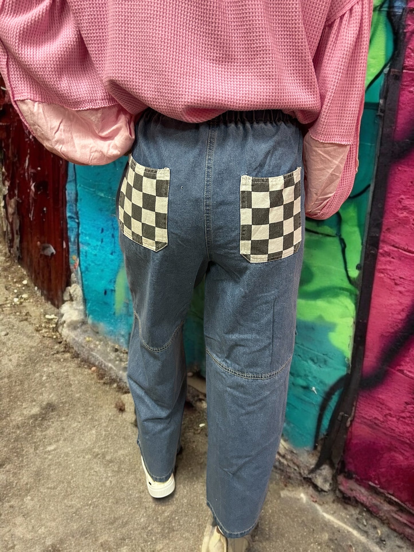 Denim Jeans w Checkered Pockets