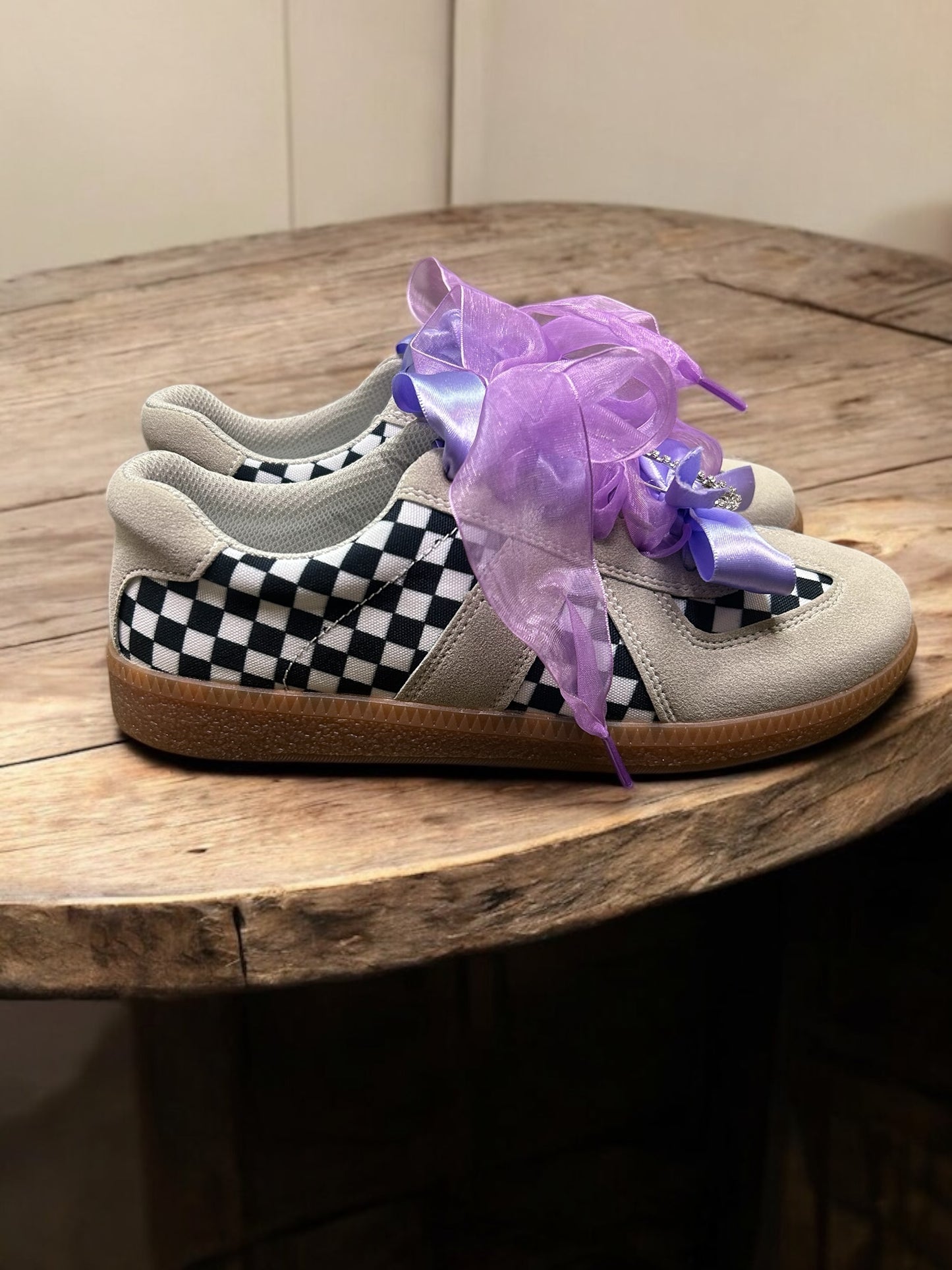 Custom Checkered Shoe w Purple Ribbon and Charms