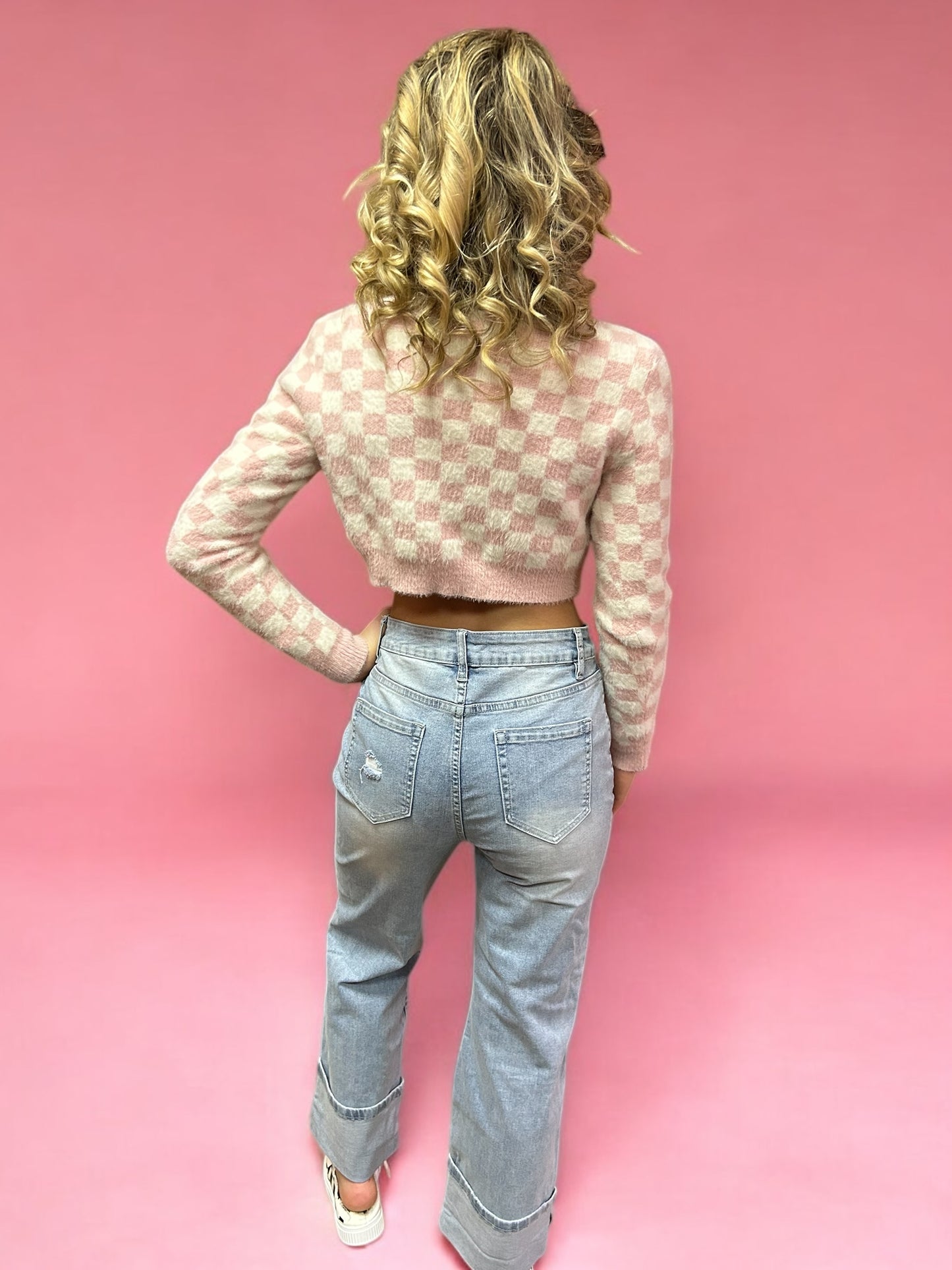 Checkered Cropped Long Sleeve Top