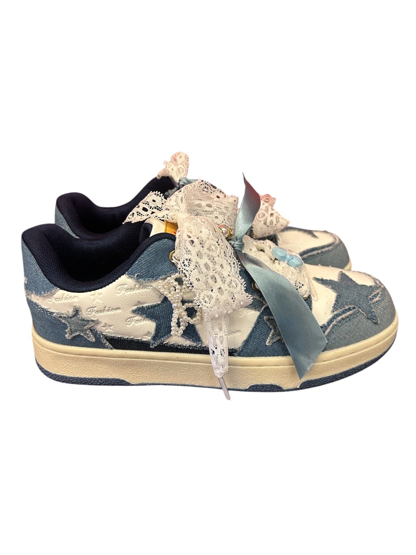 Custom Denim Star w Ribbon/Charms Shoes