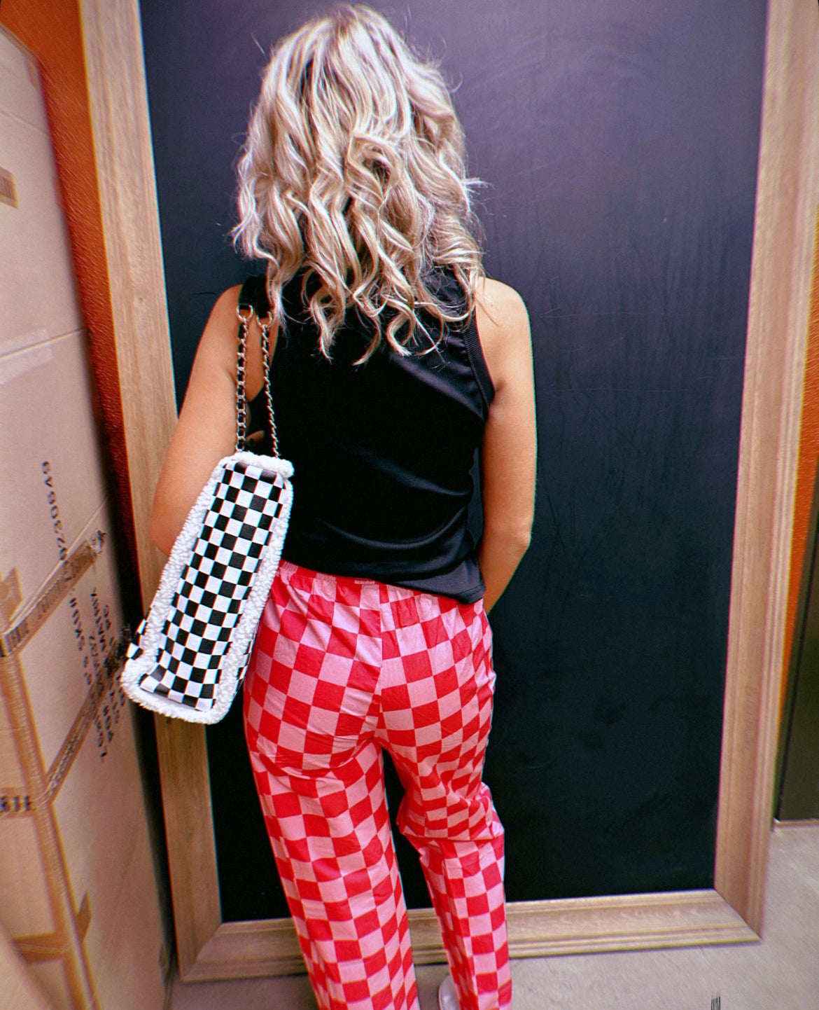 Pink Checkered Wide Leg Pants