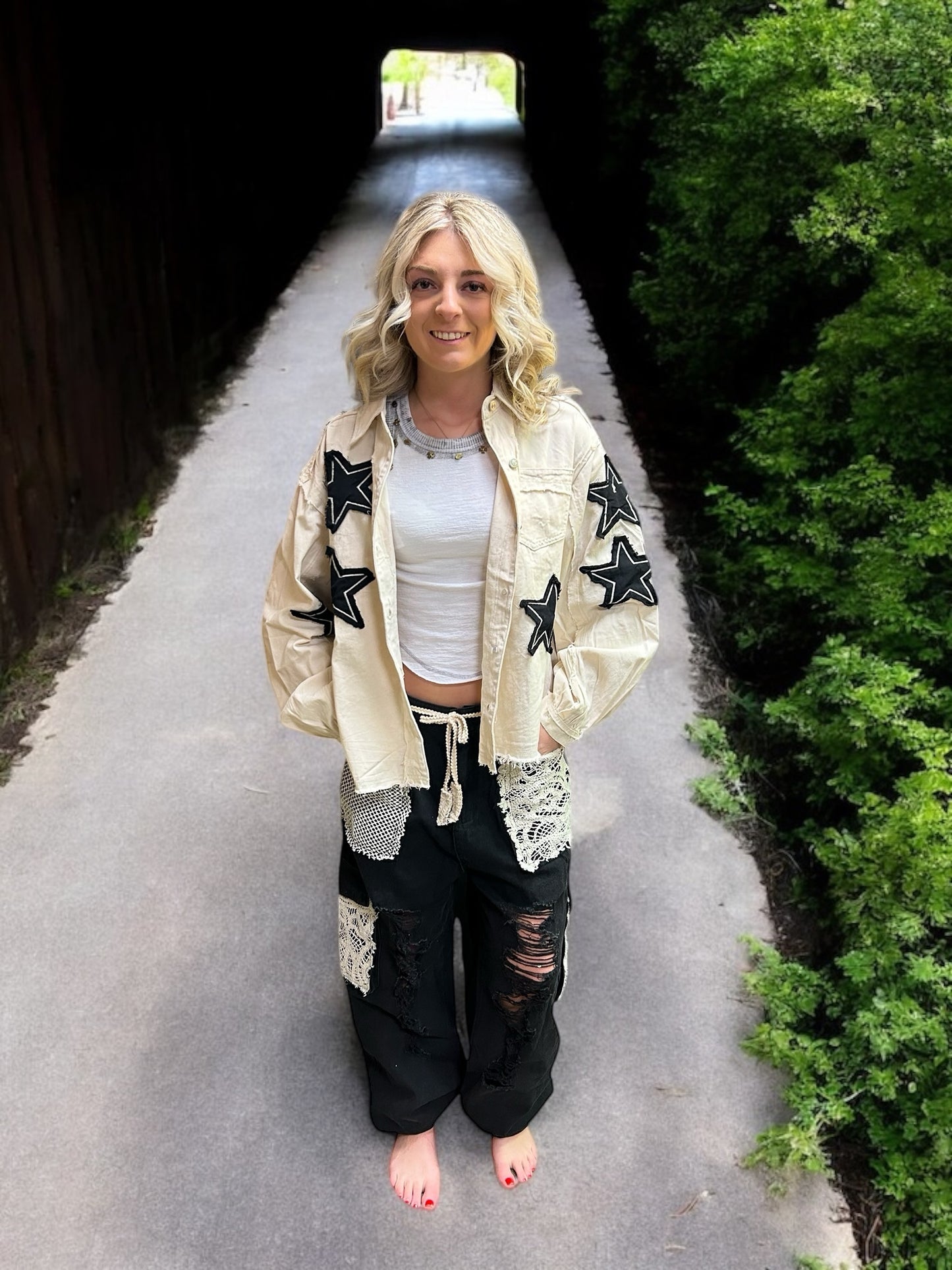 Collar Jacket, Balloon Sleeve, Relaxed Fit Top w Star Patches