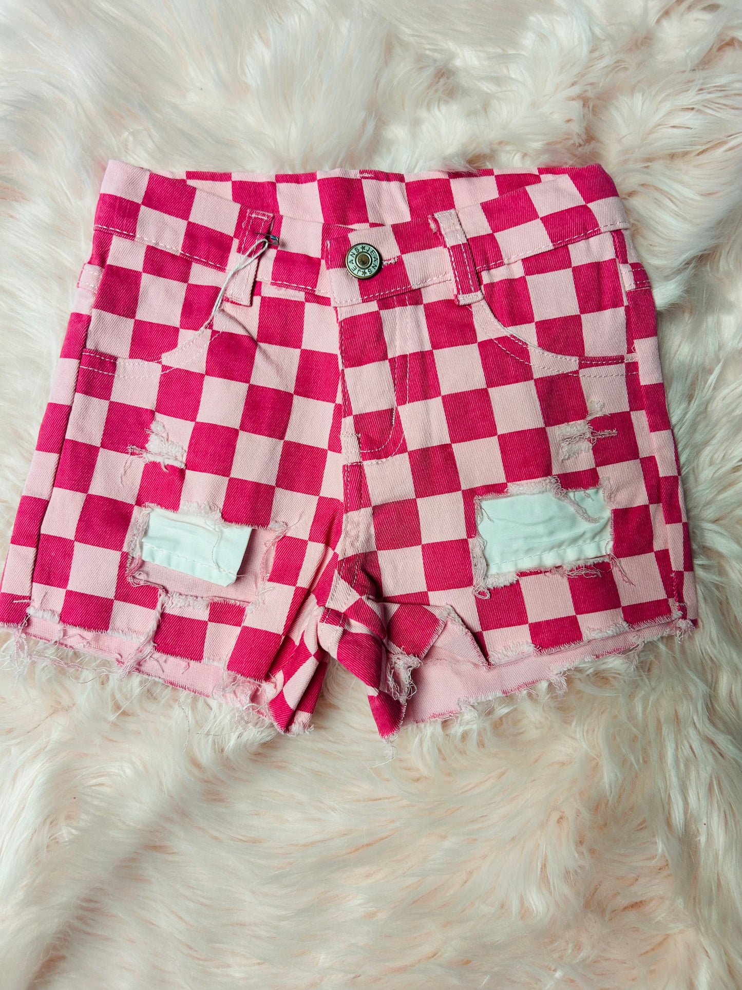 Kids Pink Checkered Jean Shorts