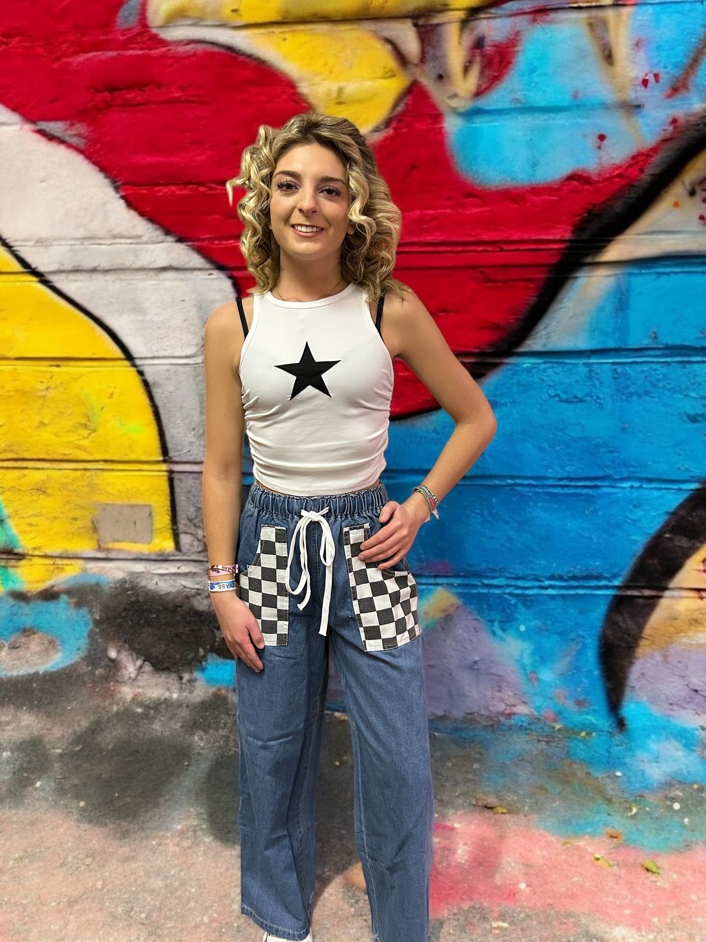 Denim Jeans w Checkered Pockets