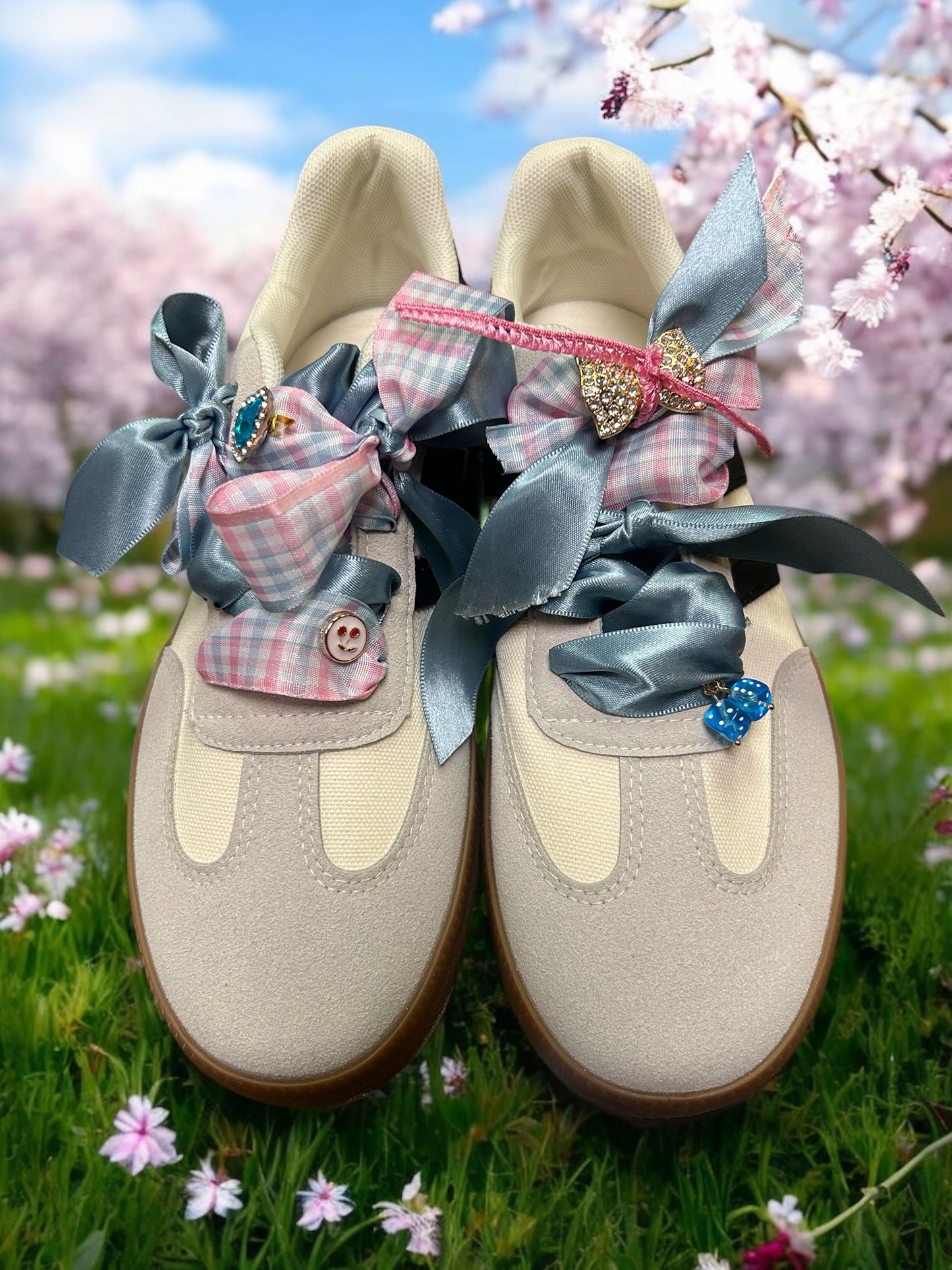 Custom Shoes w Blue Ribbon and Charms