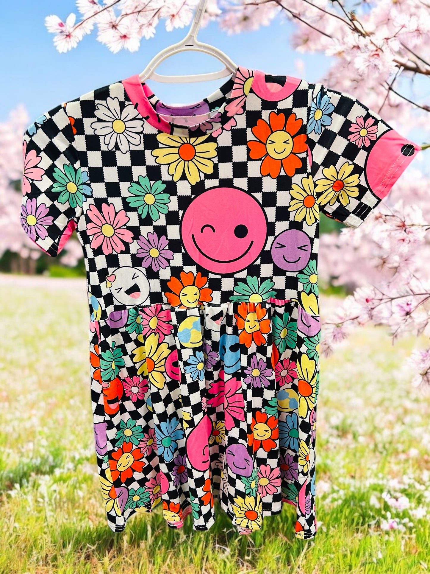 Checkered Smiley w Flowers Dress