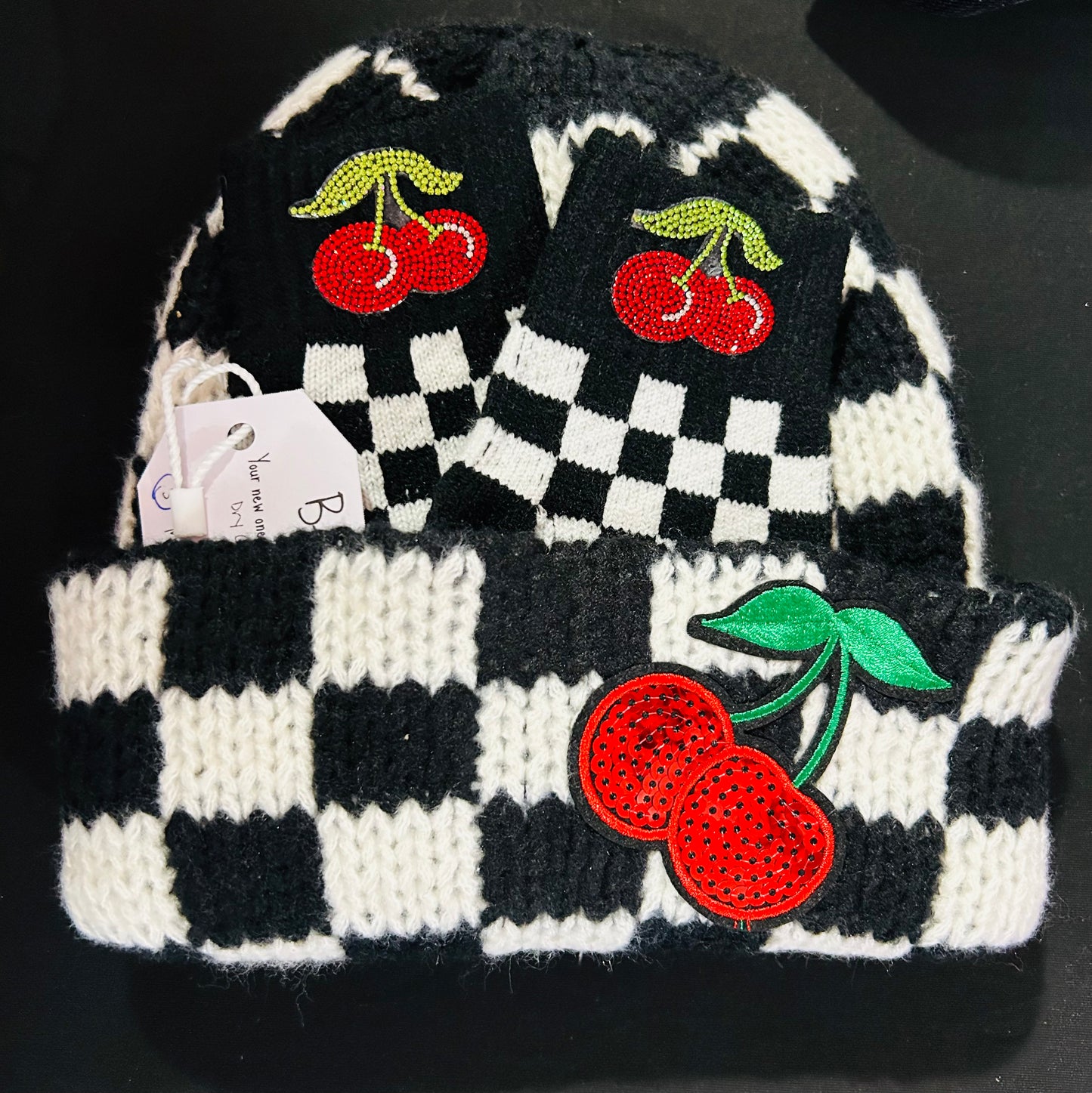 Custom Cherry Sequins Beanie & Gloves Set