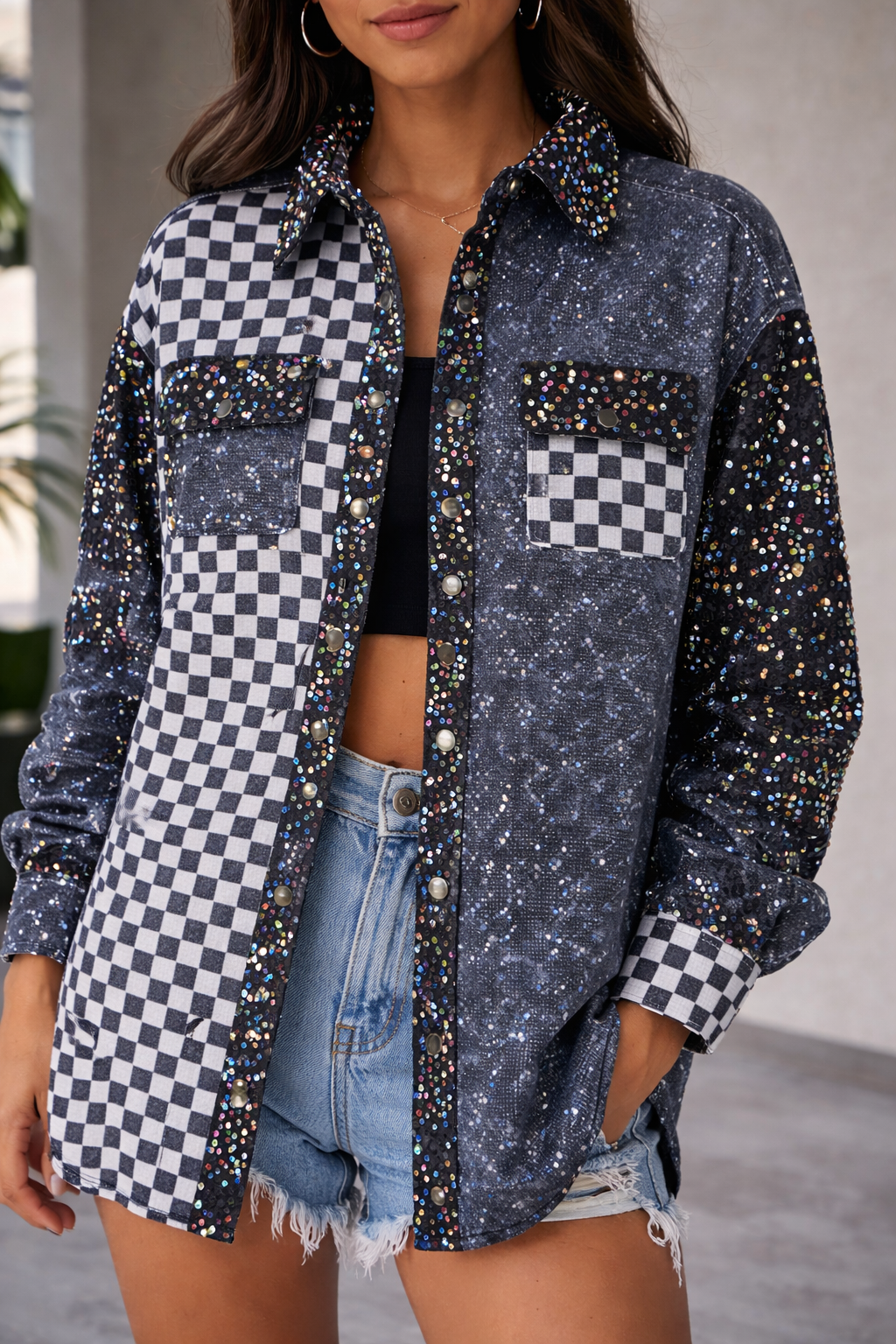 Checkered Sequin Button Up Jacket