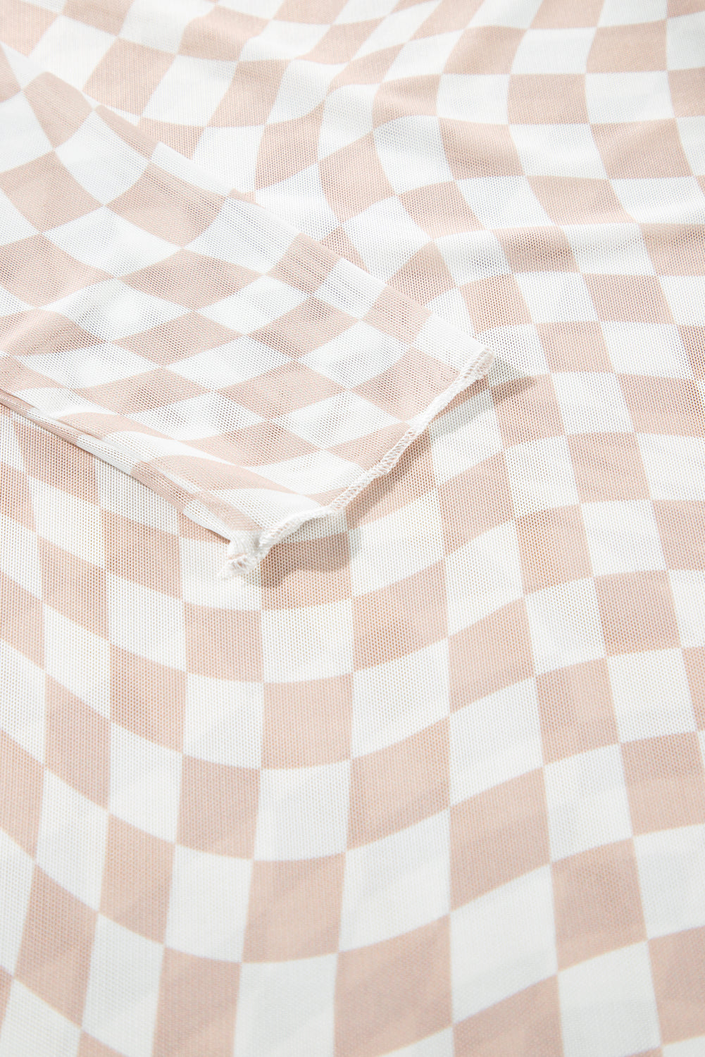 Rose Checkered Pattern Mesh Mock Neck Long Sleeve Top