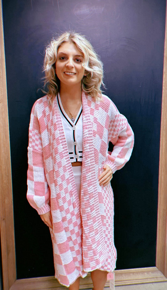 Pink Checkered Cardigan