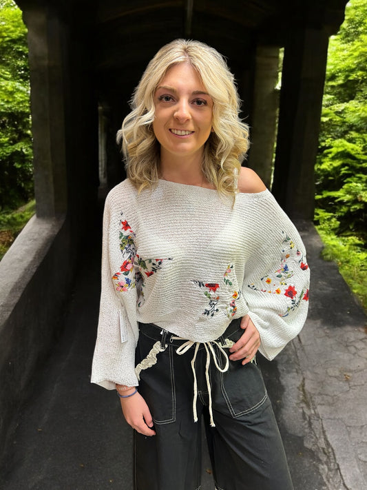 Boat Neck Long Sleeve Cropped Top w Star Patches