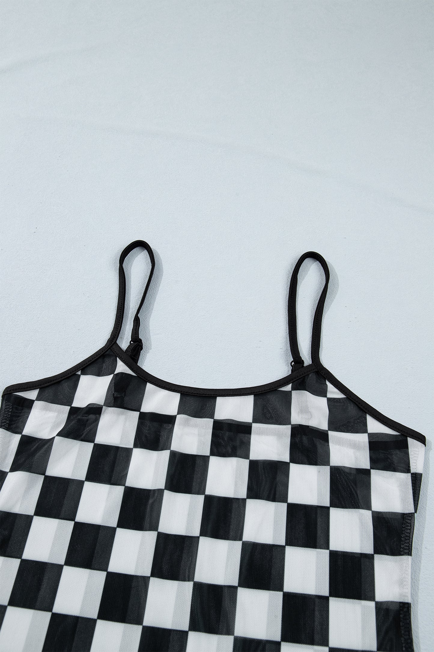 Black Sheer Checkered Print Spaghetti Straps Slim Tank Top