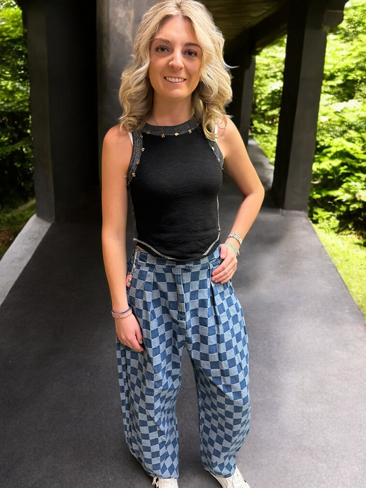 Pleated Checkered High Waist Barrel Pants