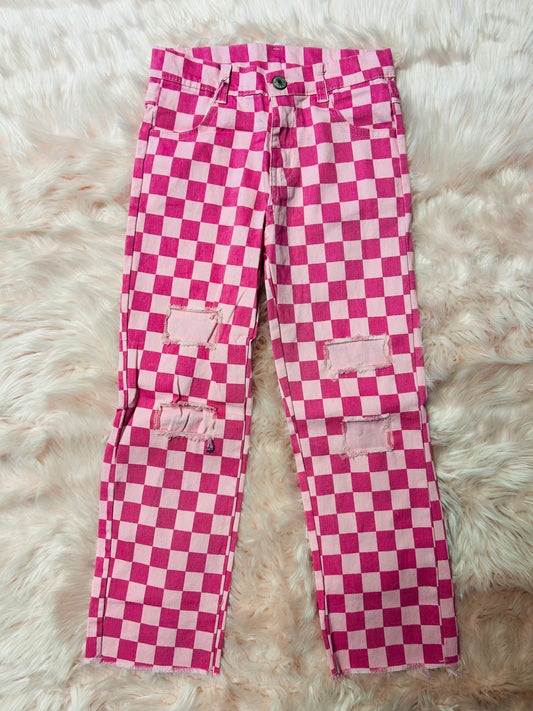 Kids Pink Checkered Jean Pants