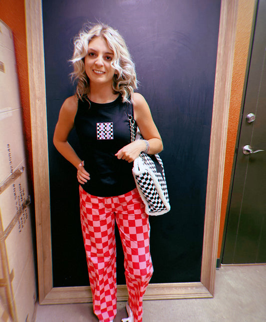 Pink Checkered Wide Leg Pants