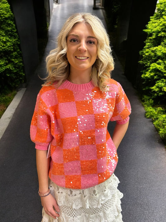 Sequin All-Over Checker Short Puff Sweater Top