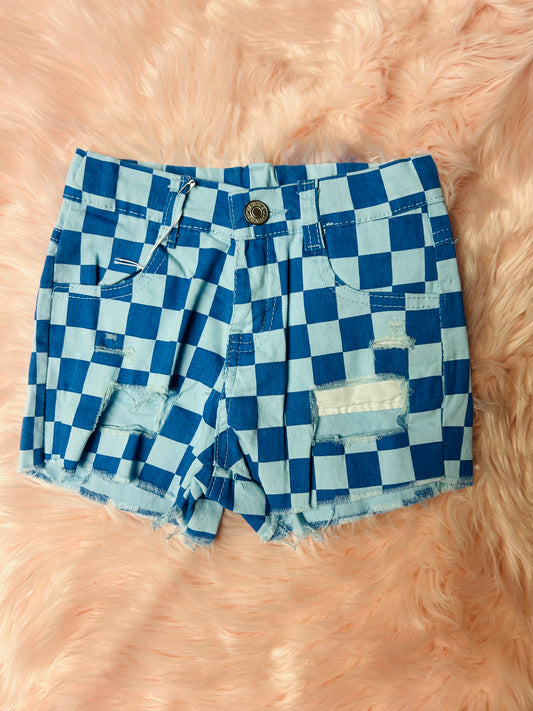 Kids Blue Checkered Jean Shorts