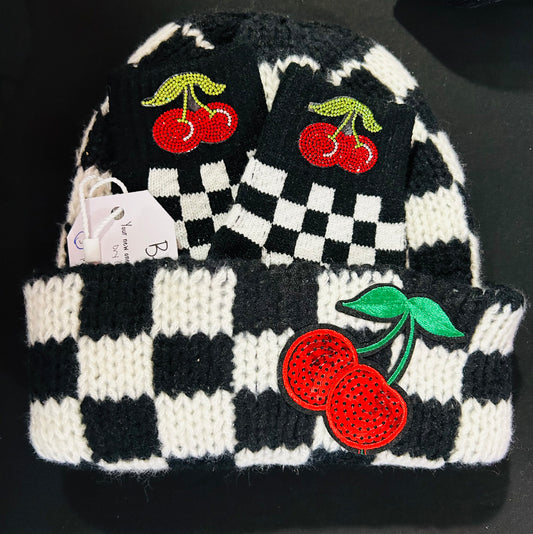 Custom Cherry Sequins Beanie & Gloves Set