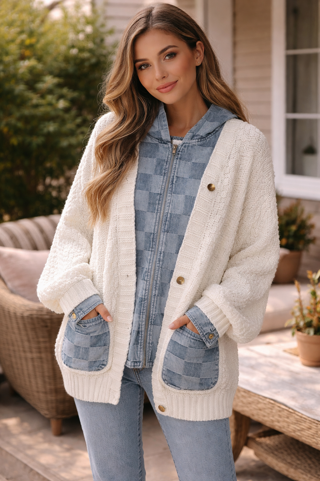 Cream/Checkered Oversize Jacket ￼