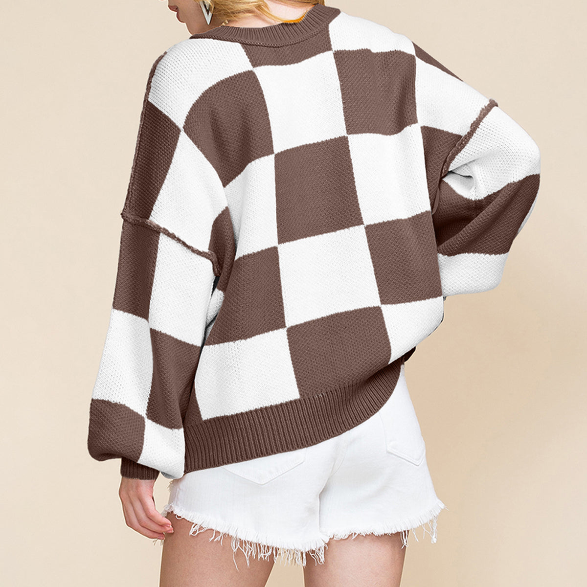 Fiery Red Checkered Bishop Sleeve Sweater