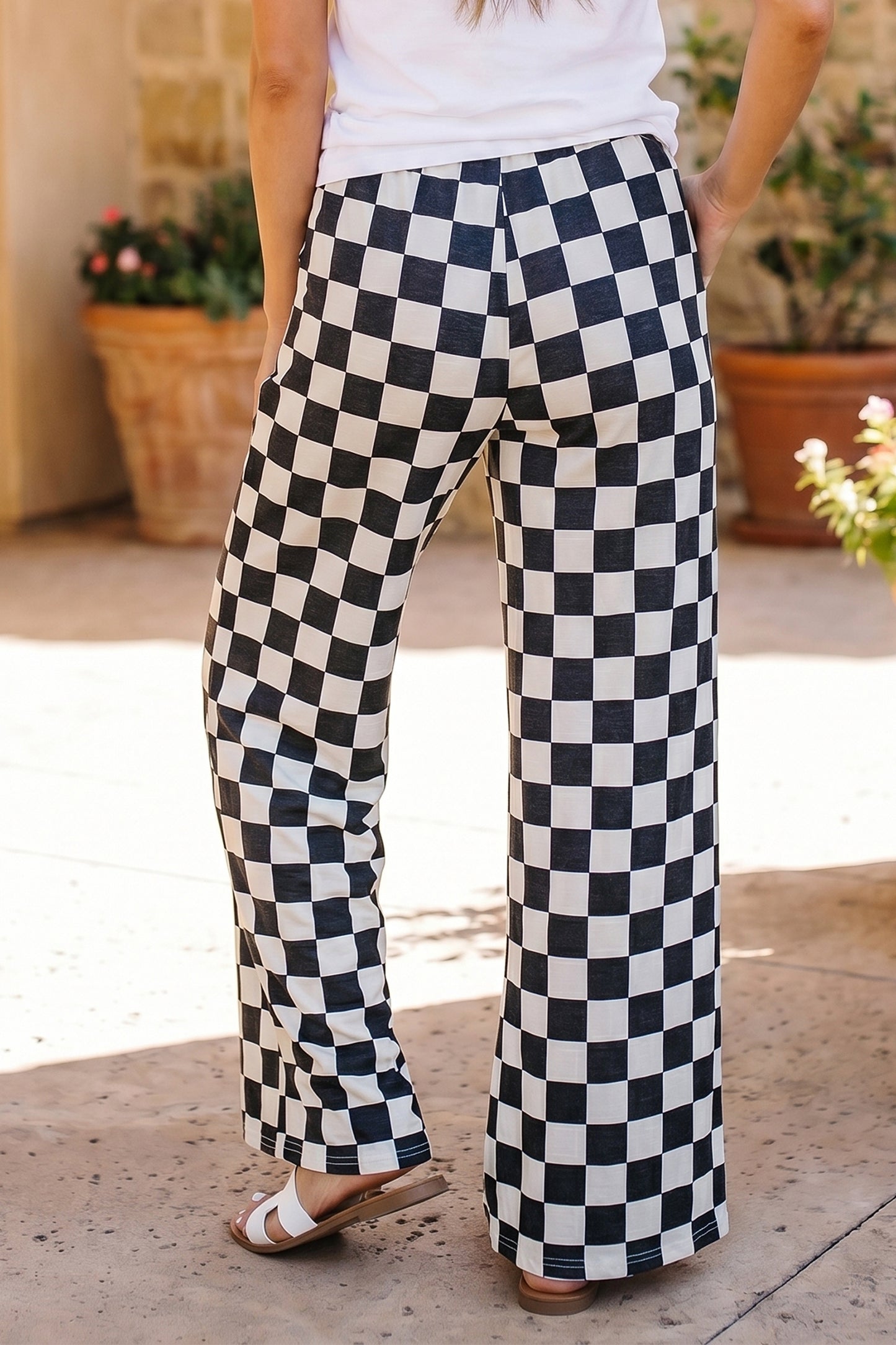 Bonbon 2-Tone Checked Print High Waist Wide Leg Pants