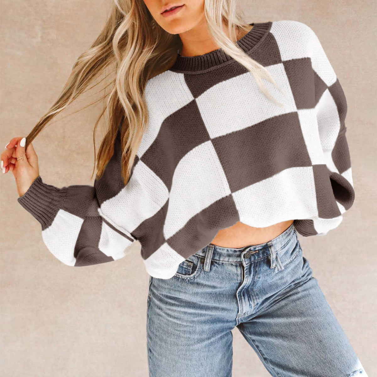 Fiery Red Checkered Bishop Sleeve Sweater