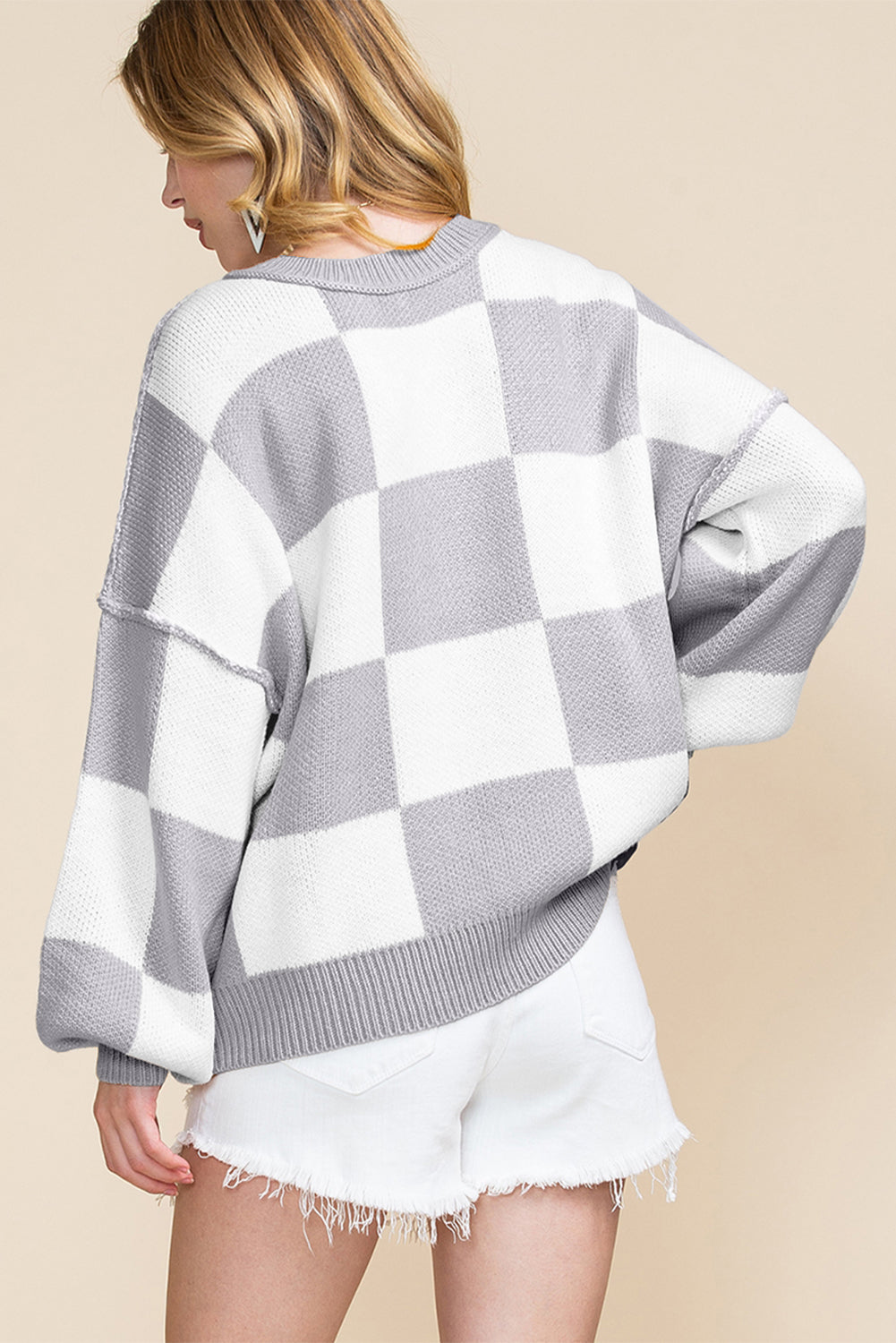 Fiery Red Checkered Bishop Sleeve Sweater