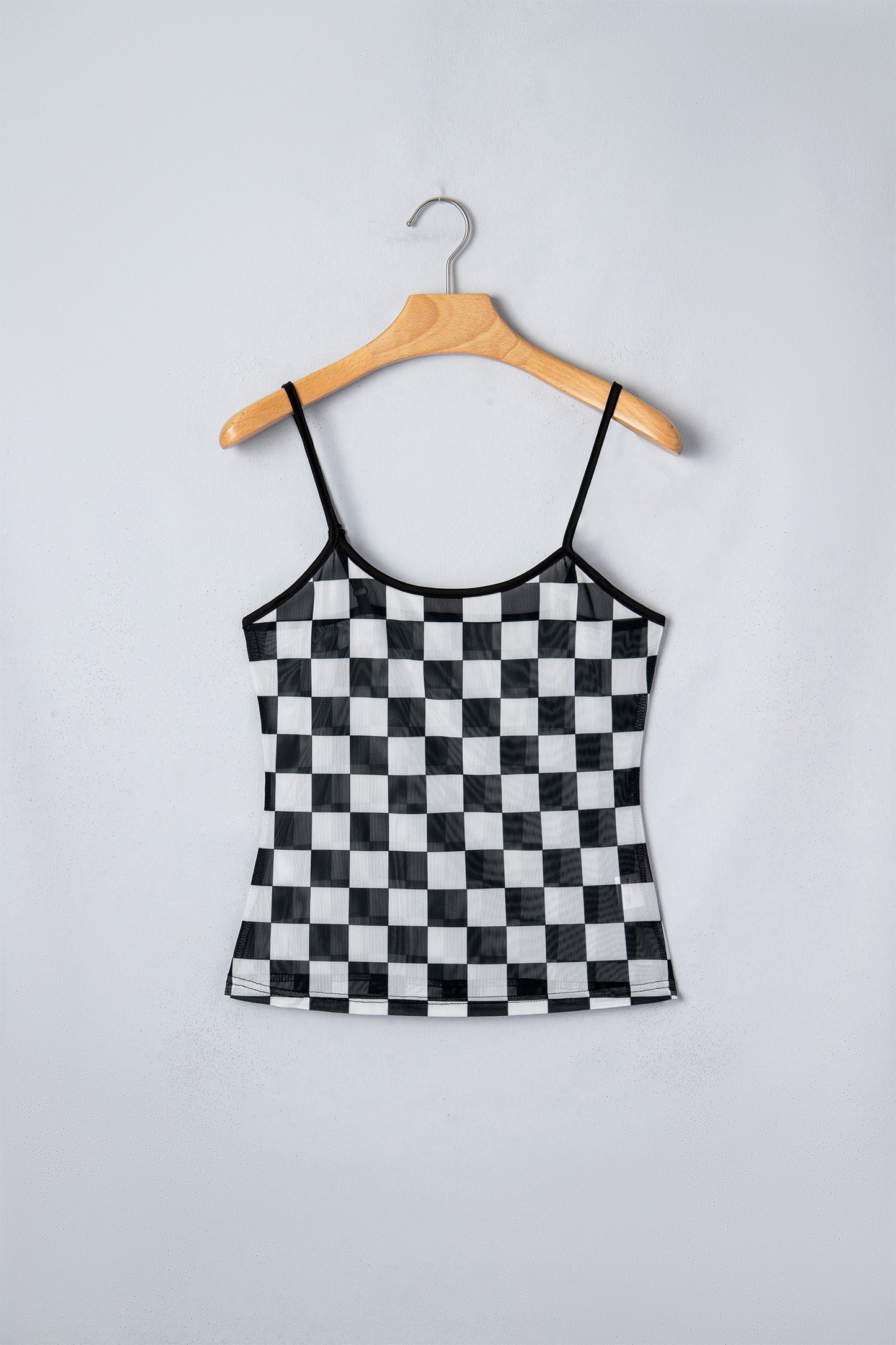 Black Sheer Checkered Print Spaghetti Straps Slim Tank Top